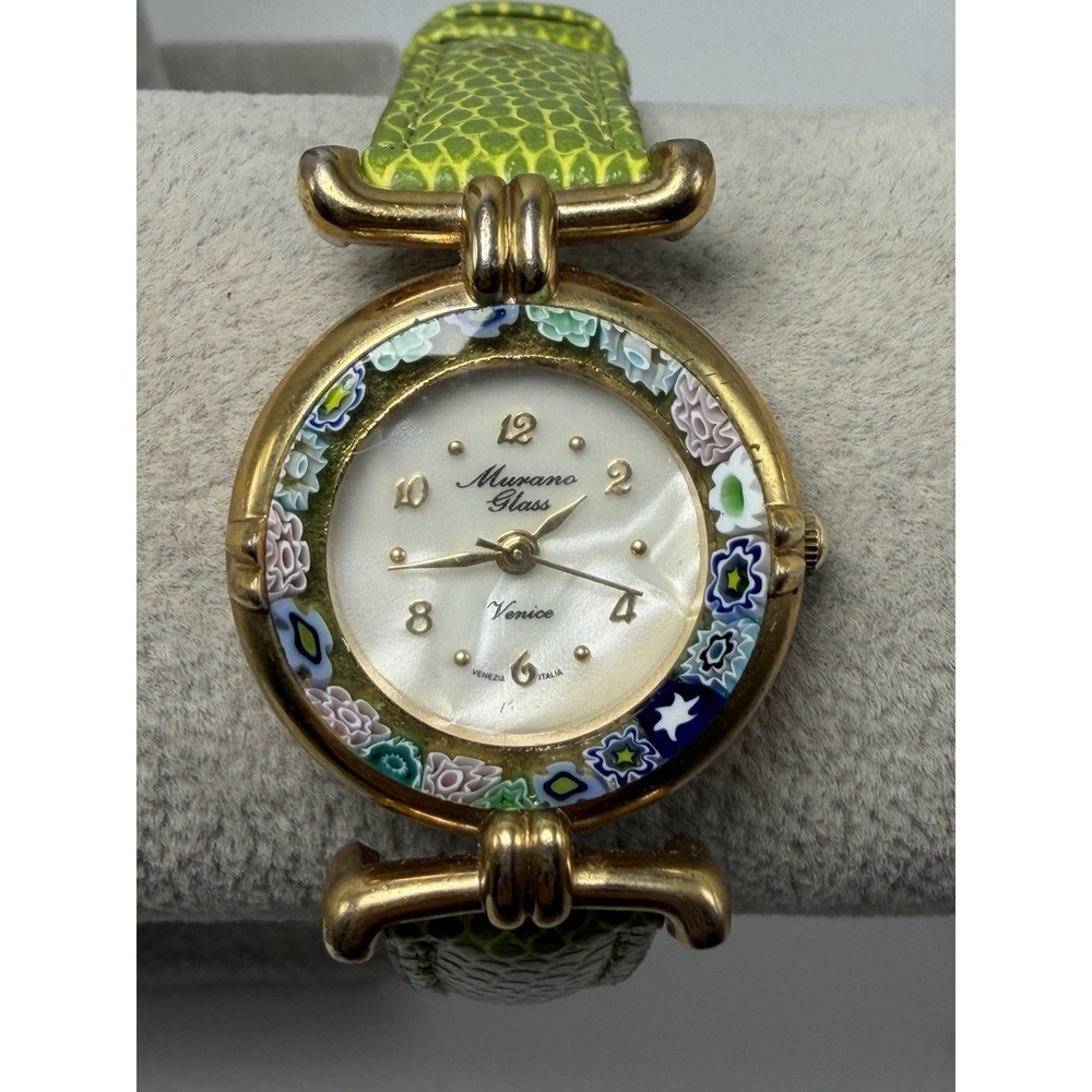 Murano Glass Venice New Battery Ladies Watch 27MM 6.75" Green Leather Band